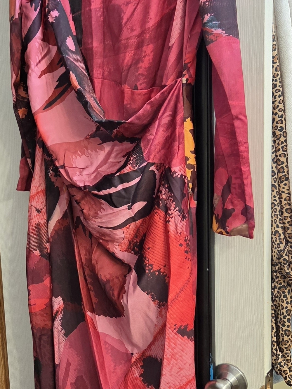 ASOS Red and Pink Abstract Long Sleeve Draped Maxi Dress